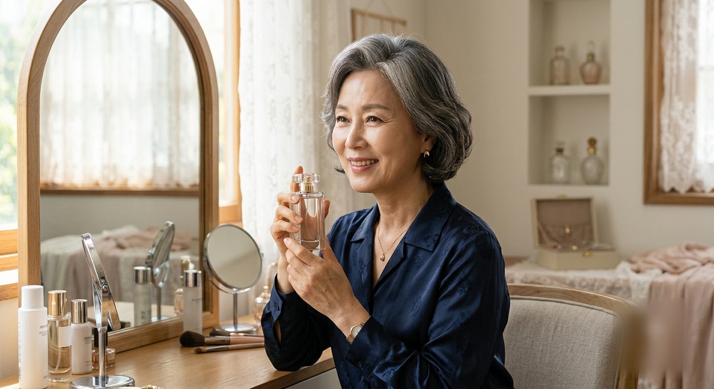 액티브시니어 향수 병을 들고 미소 짓는 우아한 중년 여성