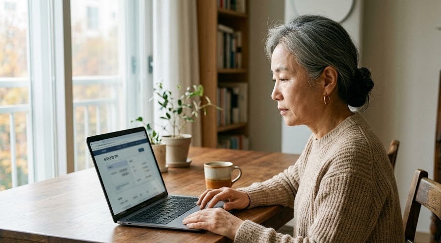 퇴직연금 IRP 활용법, 거실 테이블에서 노트북으로 퇴직연금 계좌를 확인하는 시니어