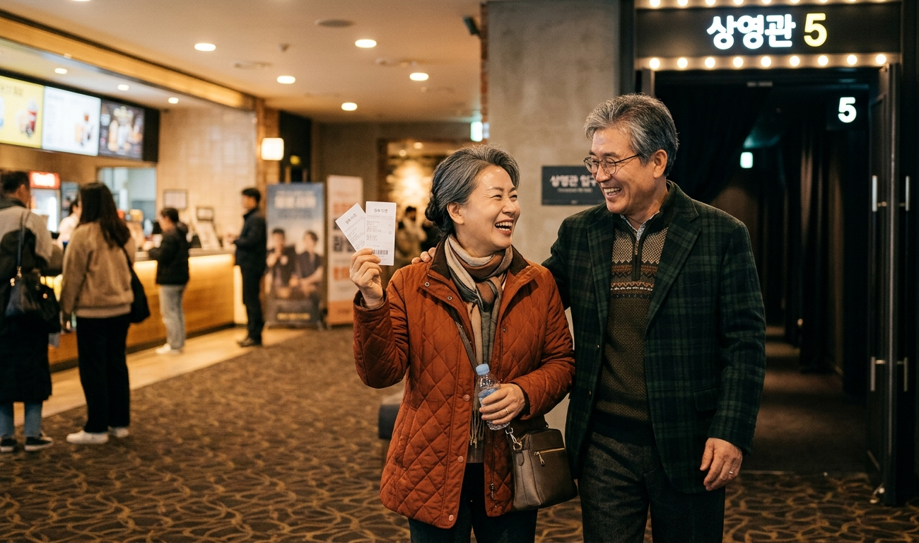 시니어 문화누리카드로 영화관 경로우대 할인을 받아 웃으며 상영관에 입장하는 시니어 부부