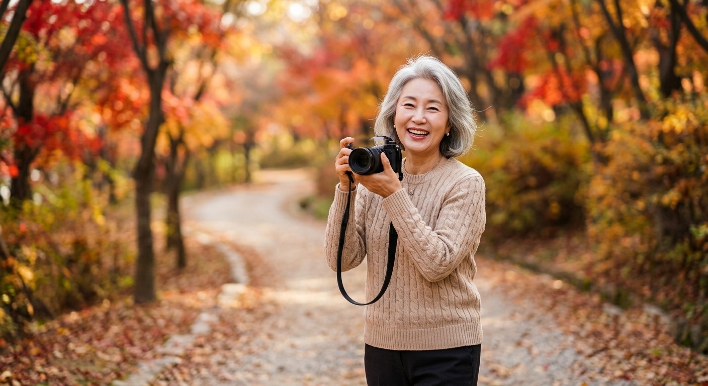 시니어 국내여행, 단풍이 물든 공원 산책로에서 카메라를 들고 활기차게 웃는 시니어 여성