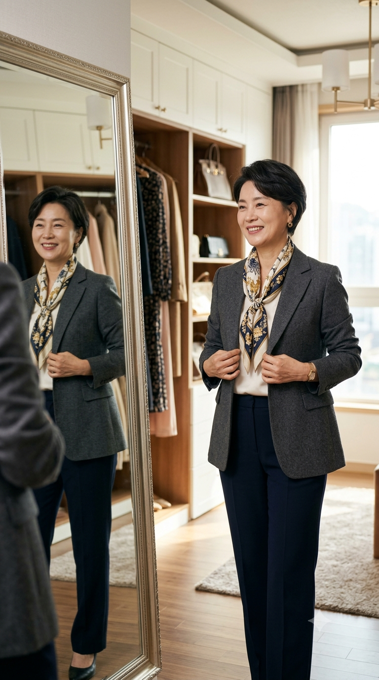 시니어 패션 이미지메이킹 스트레이트 핏 재킷과 스카프로 코디를 완성한 중년 여성