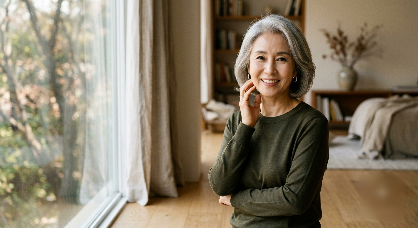 시니어 헤어 이미지메이킹으로 완성한 그레이 헤어의 중년 여성 자신감 있는 미소