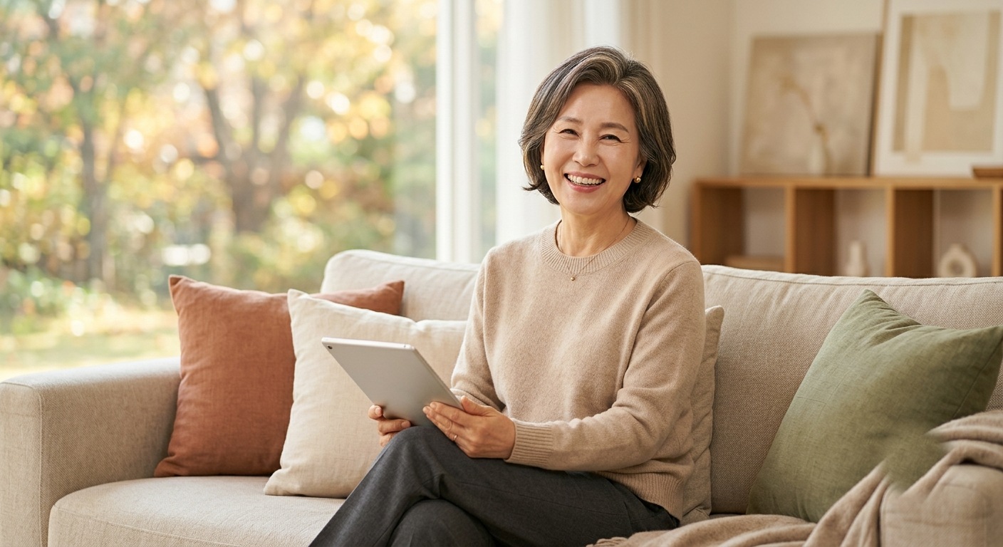 시니어 주택연금, 거실 소파에서 태블릿을 들고 밝게 웃는 시니어 여성