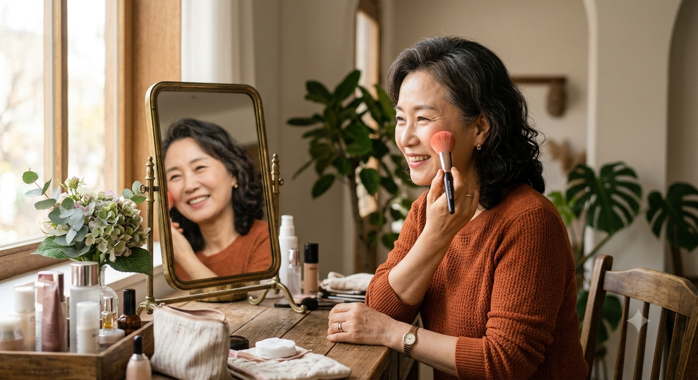 시니어 이미지메이킹 재점화 메이크업을 하는 중년 여성