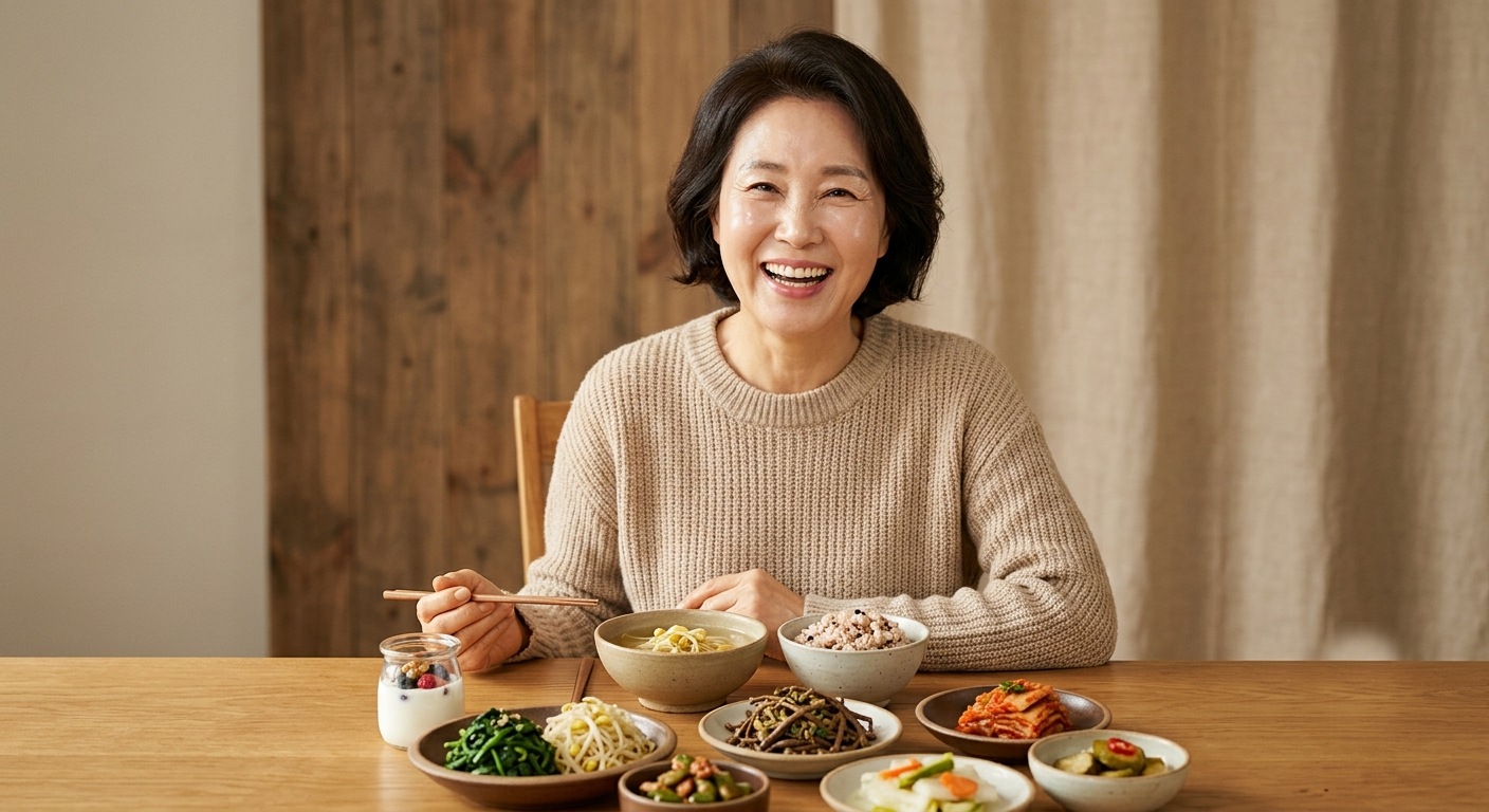 시니어 마이크로바이옴, 발효식품과 채소 위주 한식 밥상 앞에서 밝게 웃는 시니어 여성
