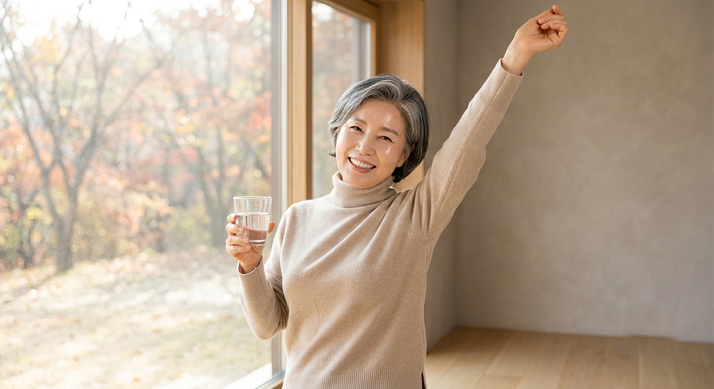시니어 마이크로바이옴, 아침 창가에서 물 한 잔을 들고 활기차게 스트레칭하는 시니어 여성