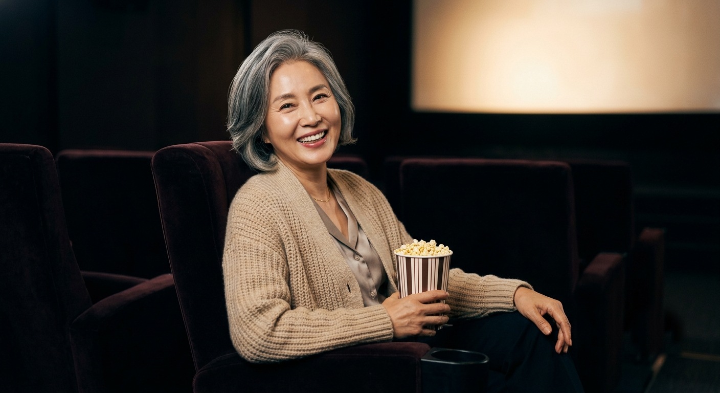시니어 영화 할인, 극장 좌석에서 팝콘을 든 채 웃는 시니어 여성