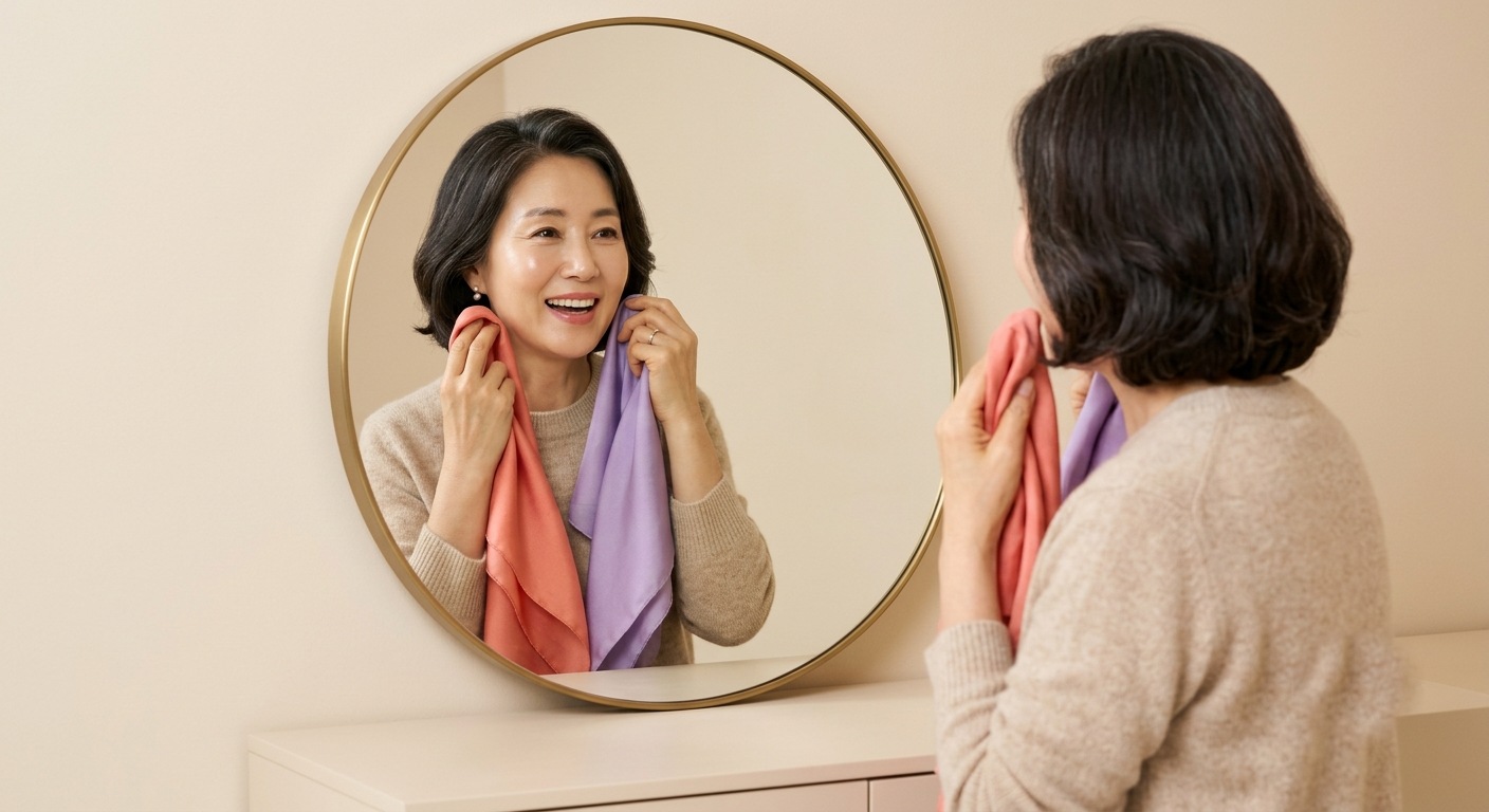 시니어 퍼스널컬러, 거울 앞에서 코랄톤과 라벤더톤 스카프를 대보는 시니어 여성