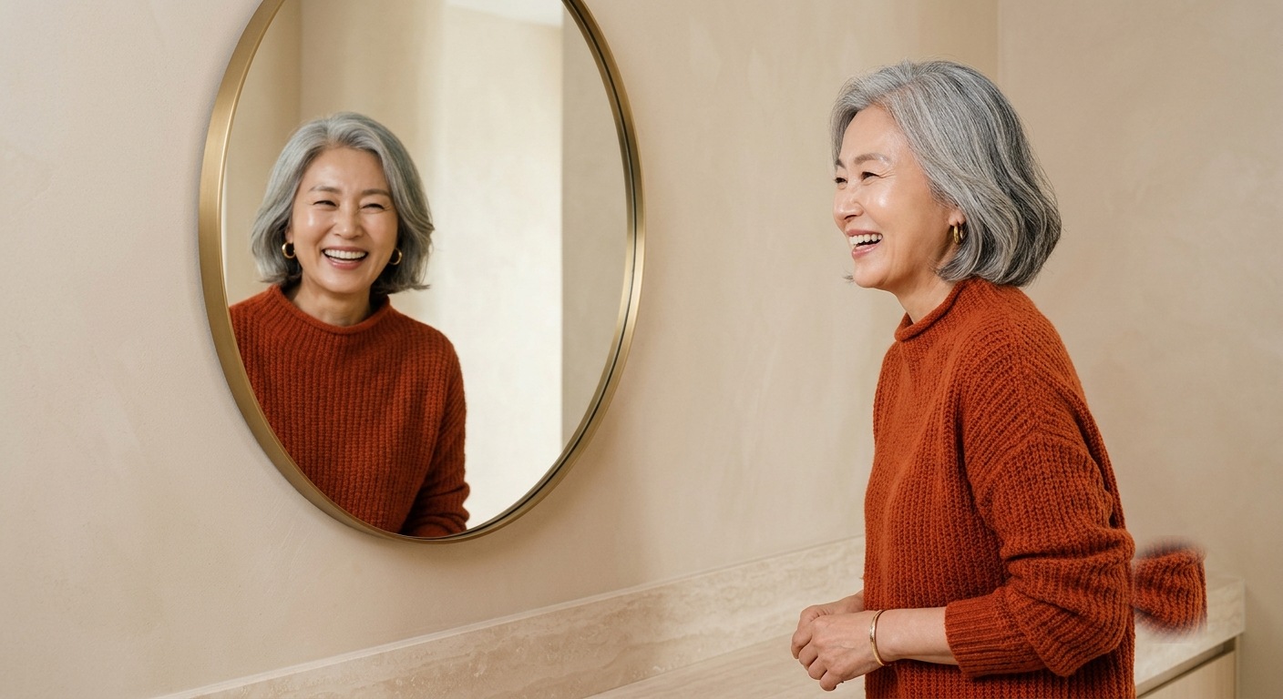 시니어 퍼스널컬러, 테라코타 니트를 입고 거울을 보며 웃는 시니어 여성