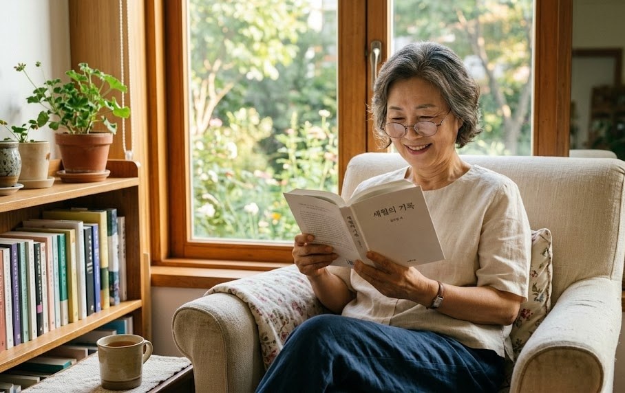 노안 독서를 위해 돋보기를 쓰고 창가에서 책을 읽는 시니어 여성