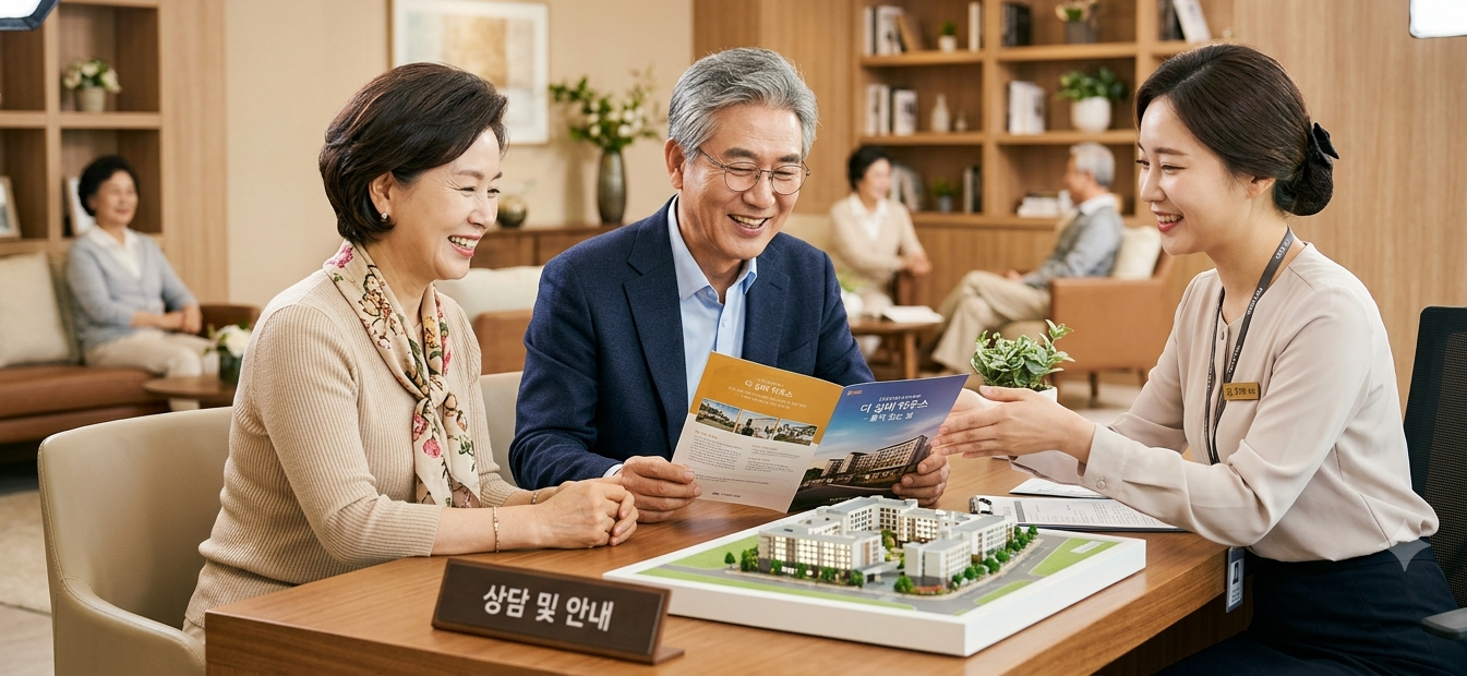 시니어 실버타운, 상담 창구에서 안내 자료를 살펴보는 중년 부부