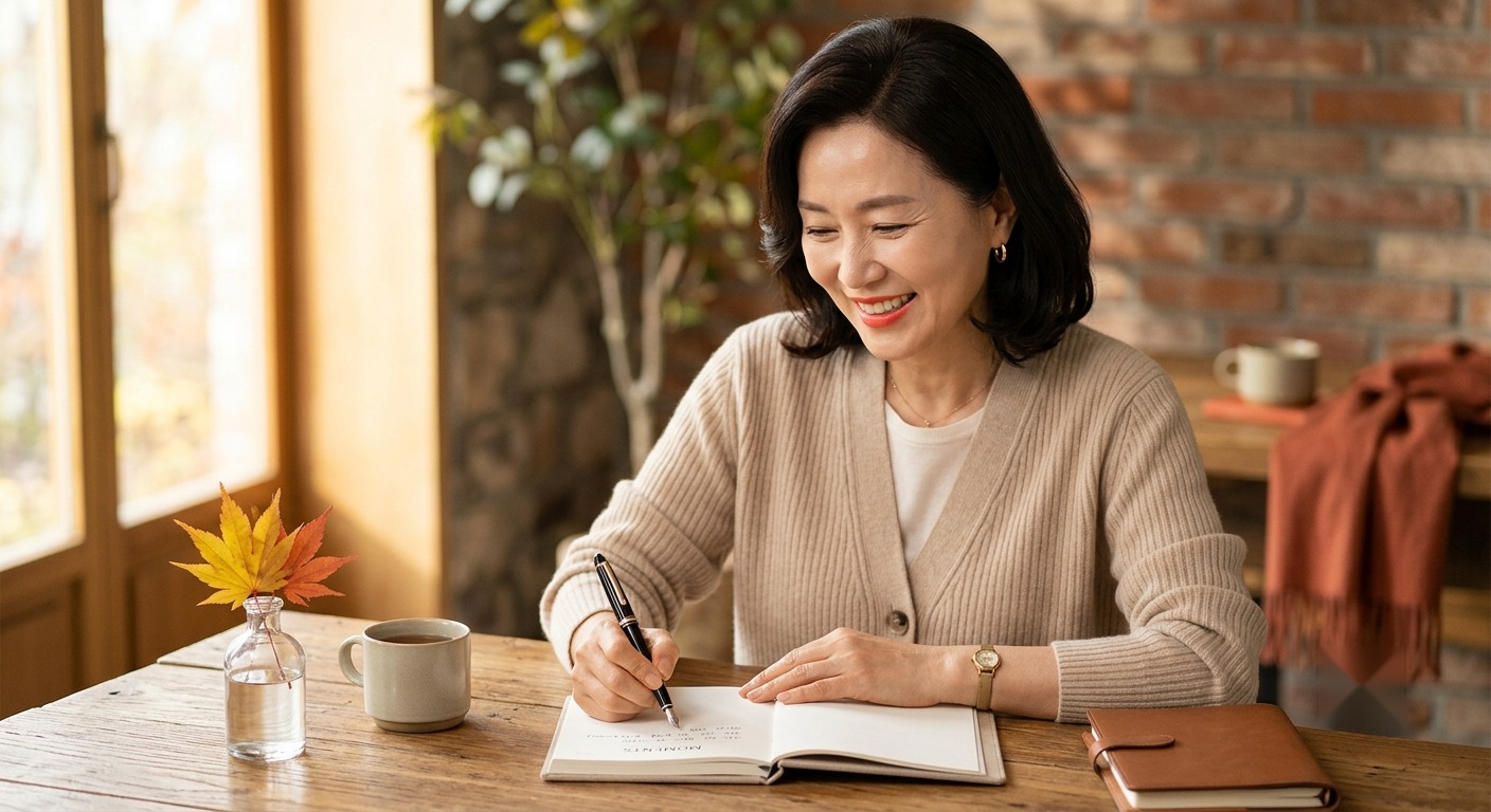 시니어 필사, 거실에서 니트 가디건을 입고 만년필로 손글씨 필사하는 시니어 여성