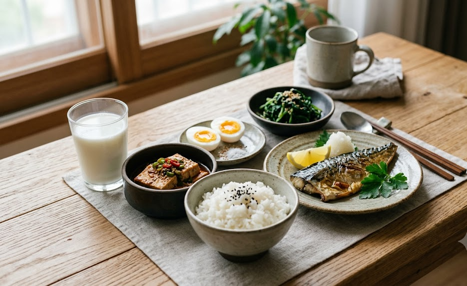 밥·두부·고등어·달걀·나물·우유로 차린 단백질 풍부한 아침상, 액티브시니어 근력운동의 재료