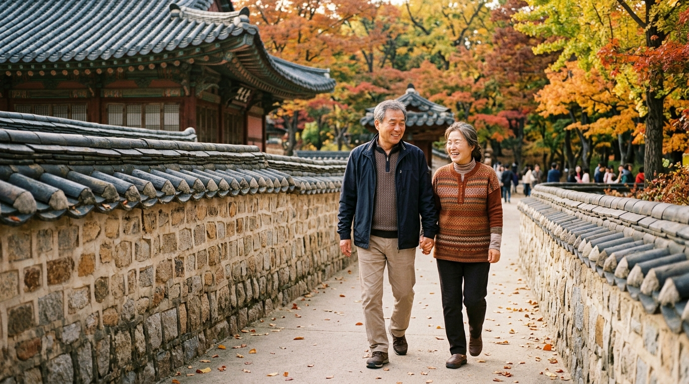 시니어 고궁 무료입장으로 가을 단풍길을 함께 걷는 노부부