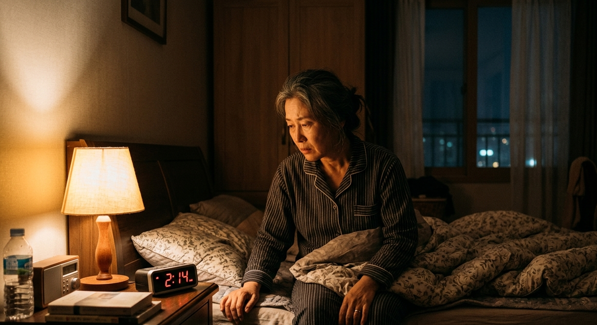 시니어 불면증으로 밤에 침대에서 시계를 바라보는 여성