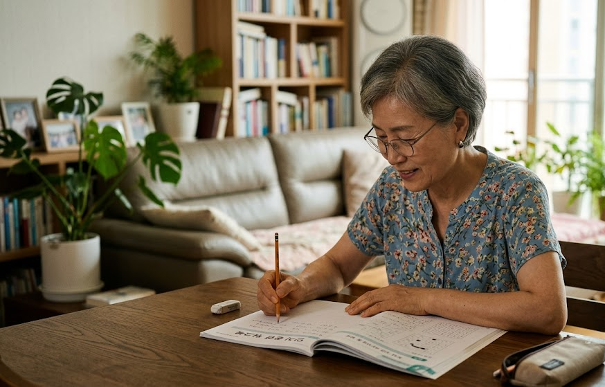 시니어 인지훈련 워크북을 식탁에서 풀고 있는 시니어 여성