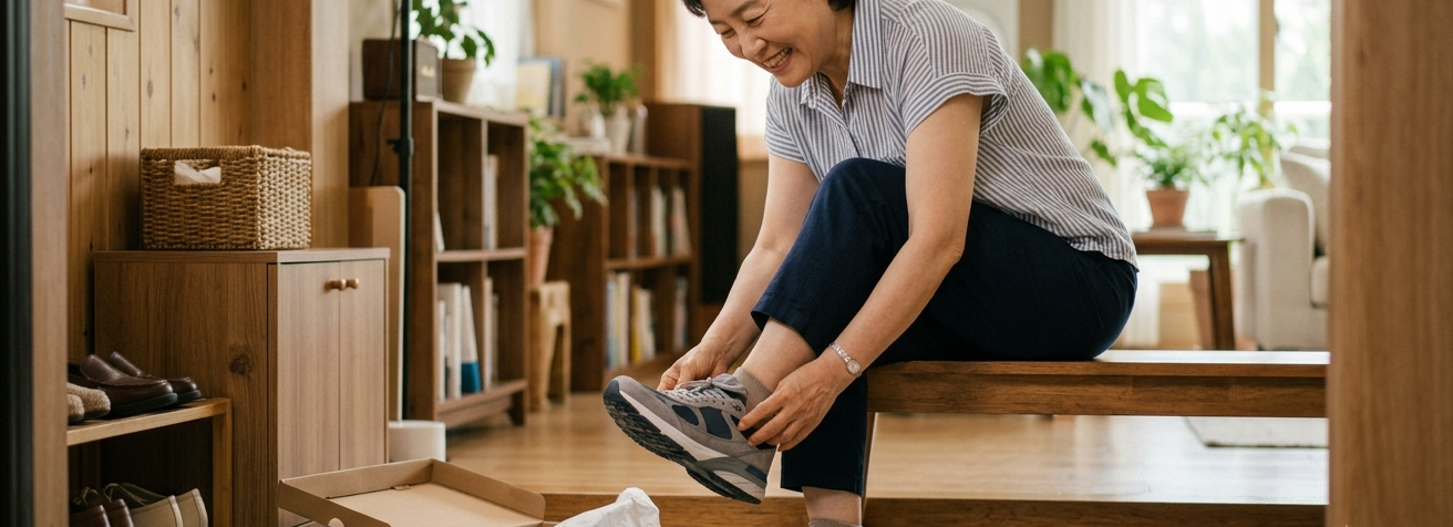 편안한 워킹화를 신어 보며 착화감을 확인하는 시니어 발 관리 신발 고르기 모습