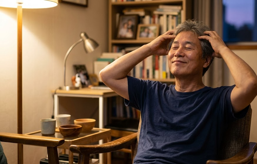 시니어 탈모 예방을 위해 저녁에 두피 마사지를 하는 시니어 남성