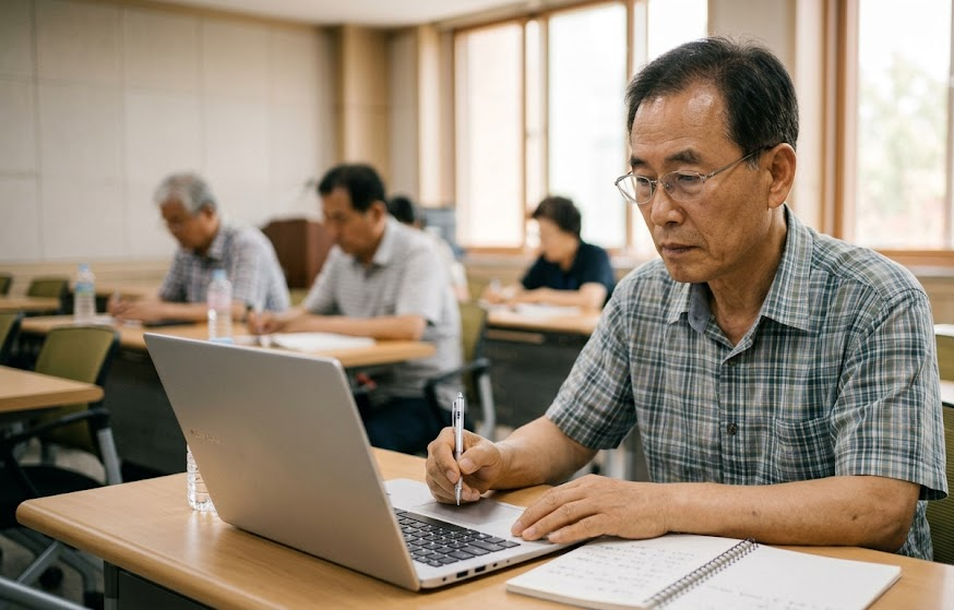 시니어 평생교육 자격증반에서 노트북으로 강의를 듣는 시니어 남성