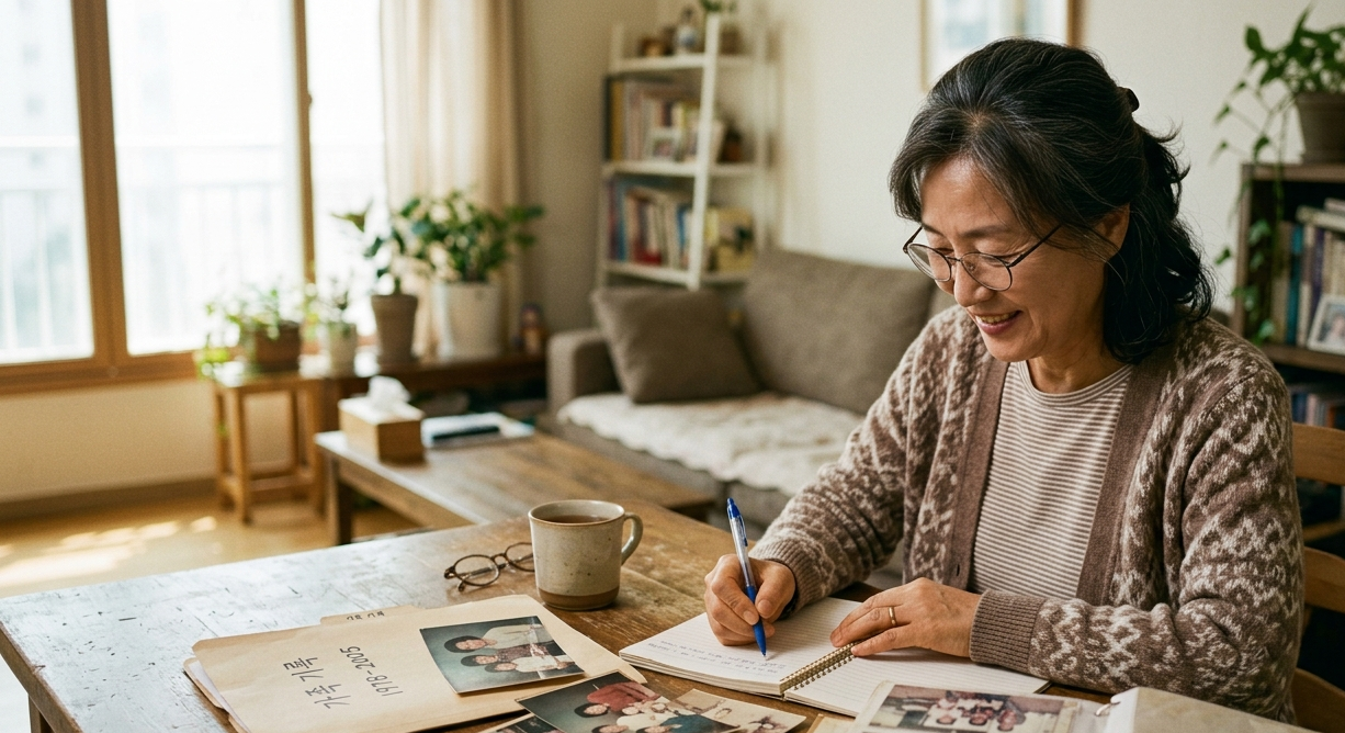 엔딩노트 사전연명의료의향서를 준비하며 거실에서 손글씨로 기록하는 시니어 여성