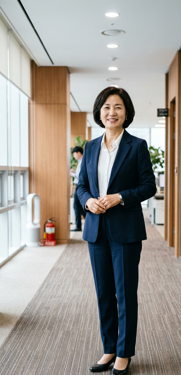 신중년 재취업 이미지메이킹, 바른 자세로 사무실에 당당히 선 여성