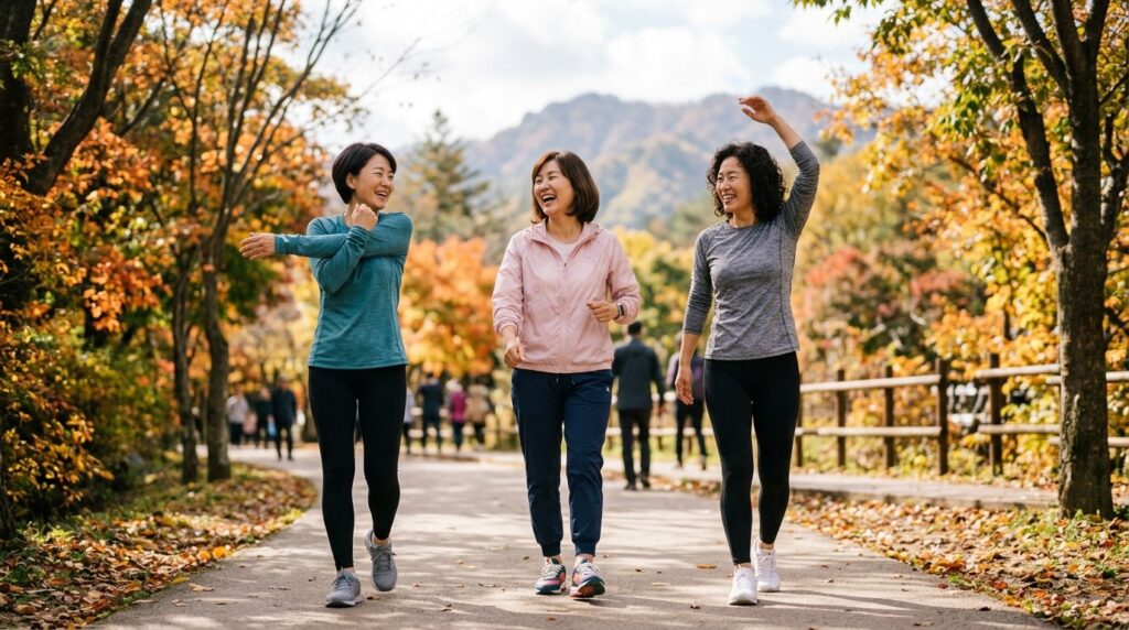 액티브시니어 시장의 경험 소비를 보여 주는 50대 한국인 여성들이 가을 공원에서 함께 운동하며 웃는 모습