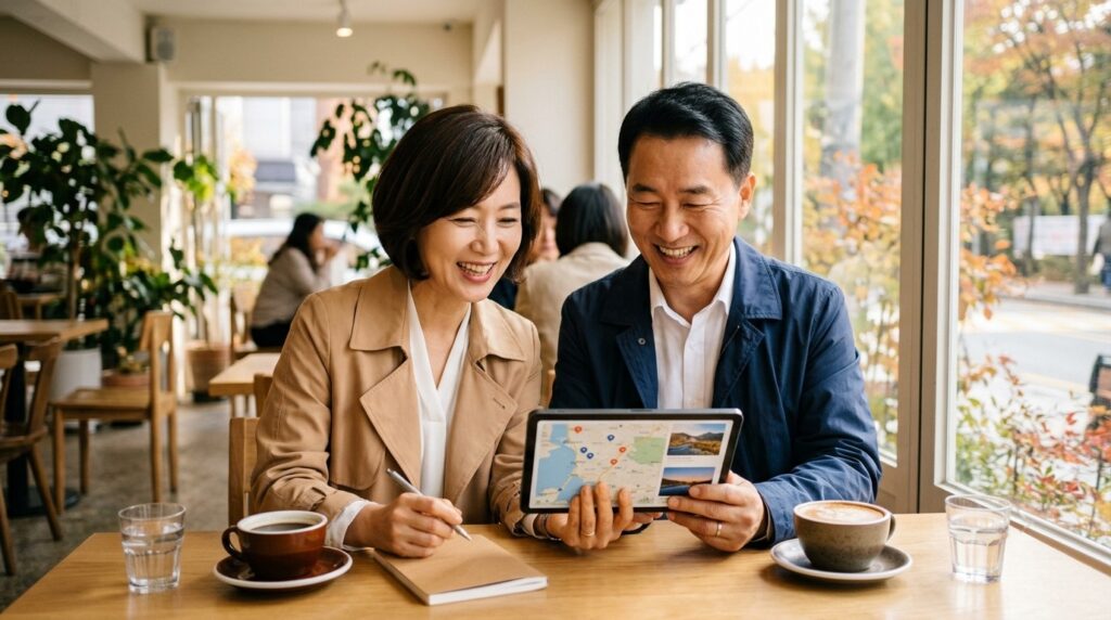 액티브시니어 시장을 이끄는 50대 한국인 부부가 밝은 카페에서 태블릿으로 여행 계획을 세우며 웃는 모습