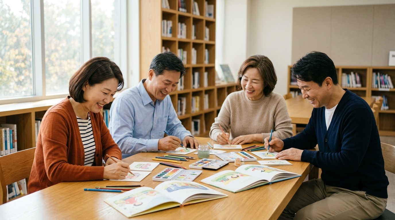 도서관 어른 그림책 프로그램에서 색연필과 수채 물감으로 그림책을 만드는 4050 한국인 남녀
