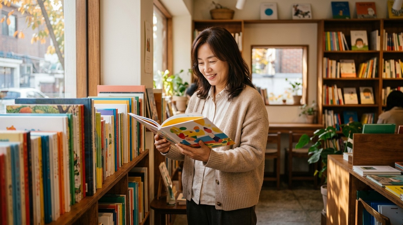 어른 그림책을 고르러 간 동네 그림책방에서 그림책을 펼쳐 들고 미소 짓는 40대 후반 한국인 여성