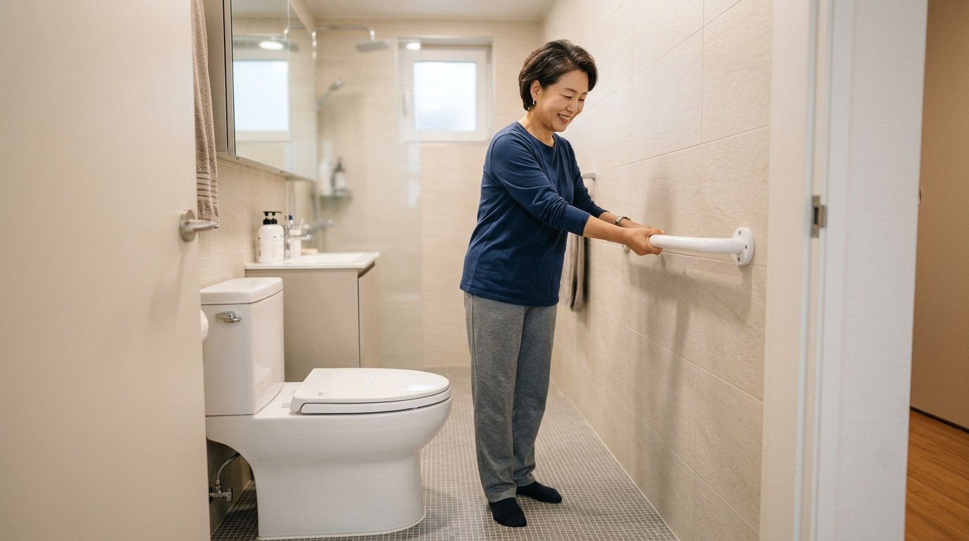 고령친화 리모델링 — 부모님 집 욕실 변기 옆에 설치한 안전손잡이를 확인하는 50대 여성