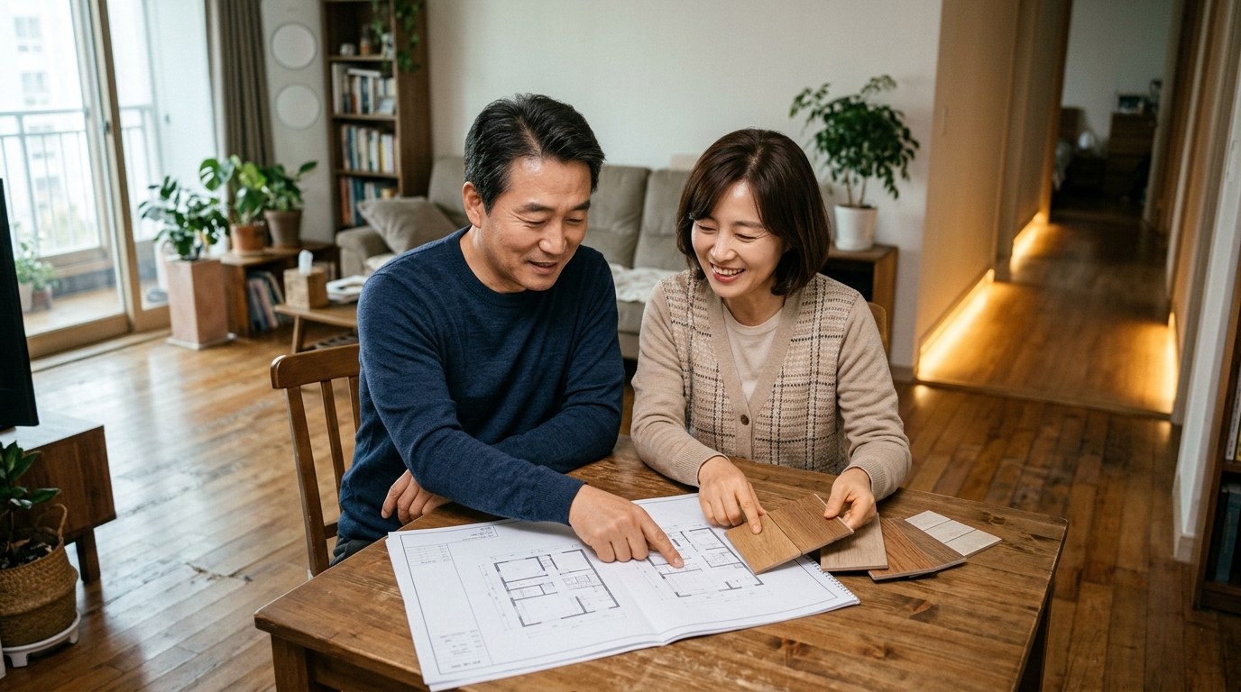 고령친화 리모델링 — 다음 인테리어를 앞두고 도면과 바닥재 샘플을 살펴보는 50대 부부