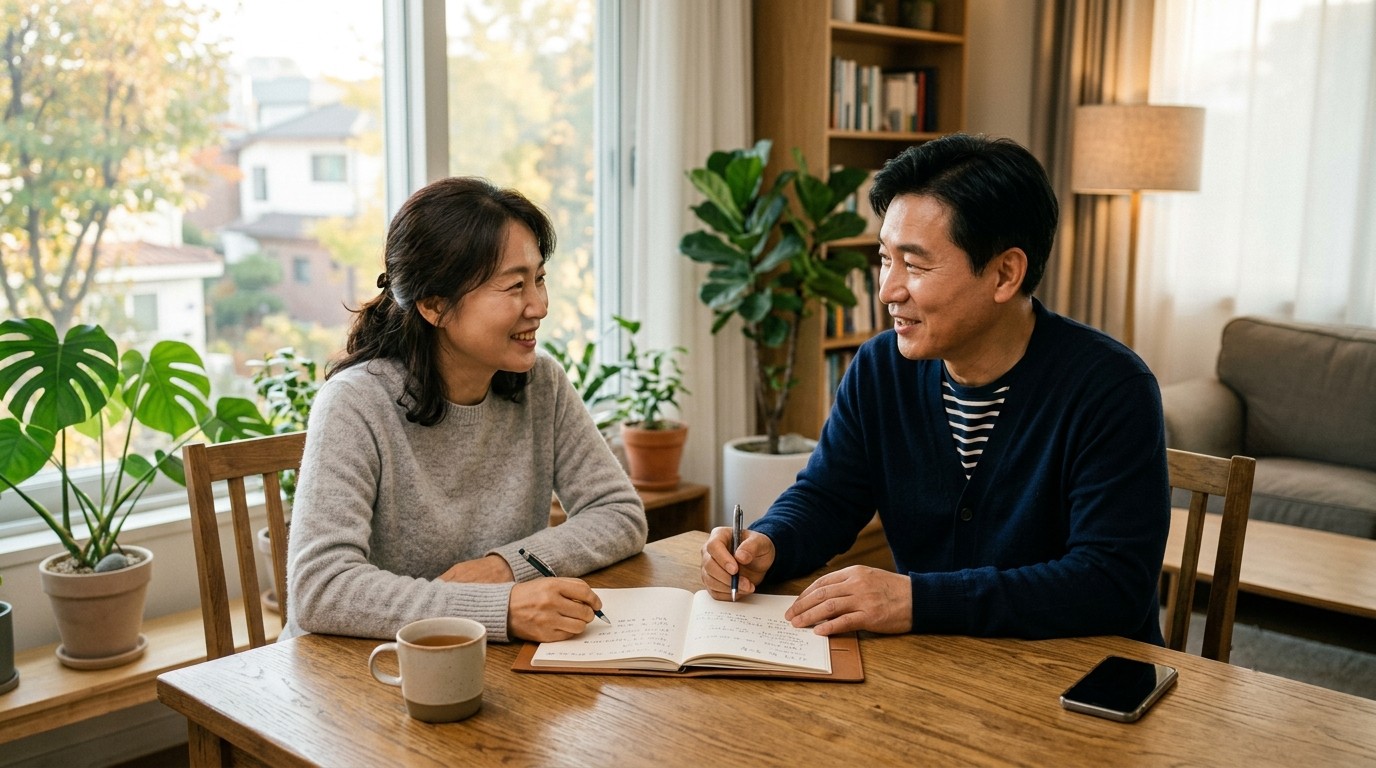 장기요양등급 신청 이후 거실에서 돌봄 역할을 나누는 50대 초반 남매