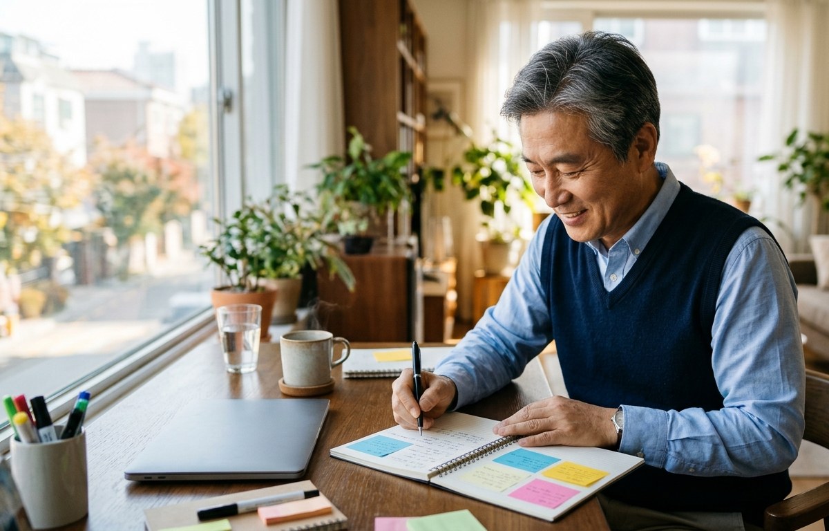 경력 포트폴리오를 만들기 위해 거실 창가 책상에서 연도별 경력 메모와 포스트잇을 정리하는 50대 남성
