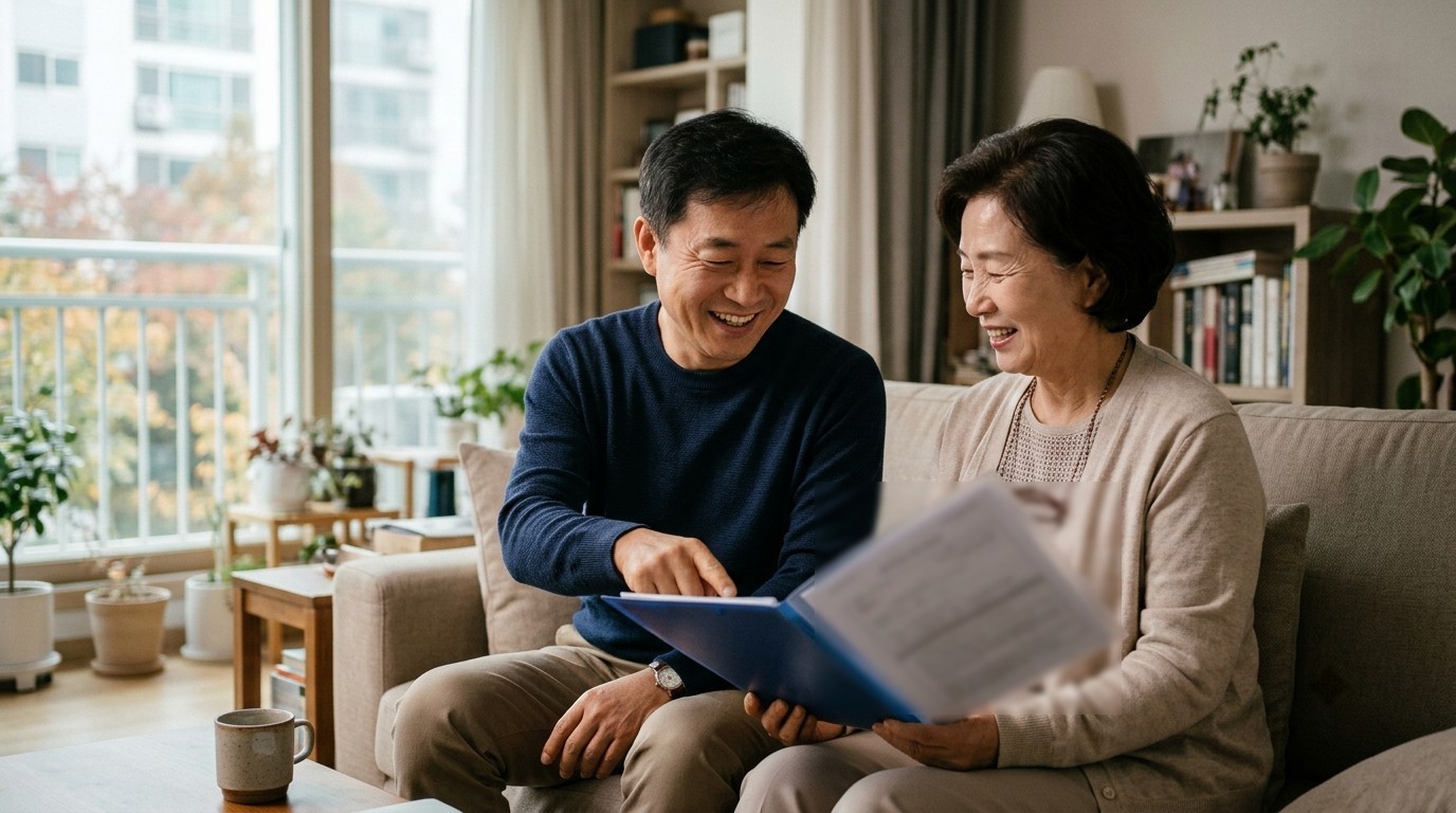 간병비 준비를 위해 50대 아들이 70대 어머니와 거실 소파에서 보험 서류를 함께 살펴보는 모습