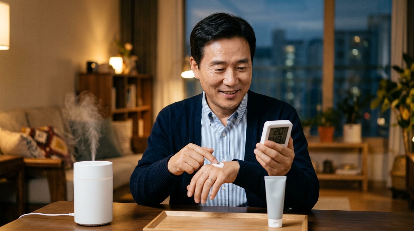 피부 건조 관리를 위해 거실 가습기 옆 온습도계를 확인하며 핸드크림을 바르는 50대 남성