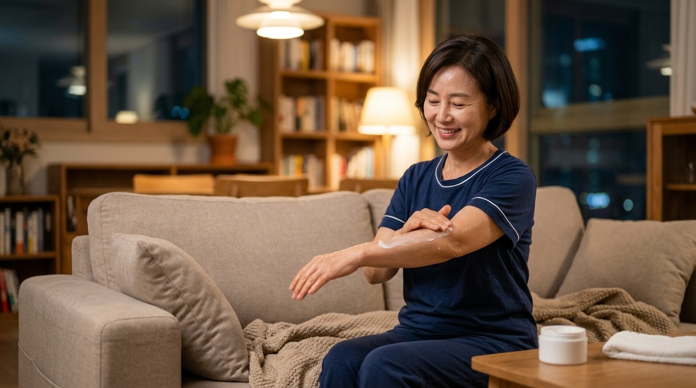 피부 건조를 막기 위해 샤워 후 거실 소파에 앉아 팔에 보습크림을 바르는 50대 여성