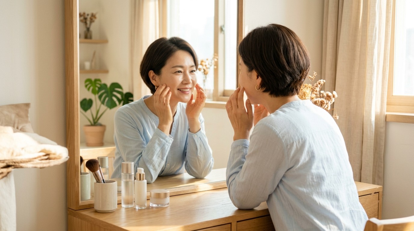 표정 습관을 점검하기 위해 밝은 거울 앞에서 입꼬리와 미간을 살펴보는 40대 후반 한국인 여성