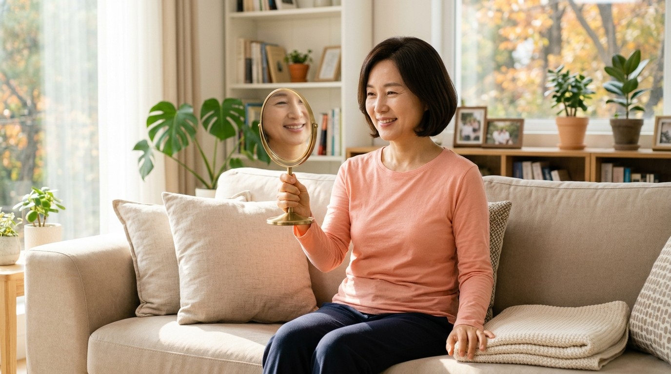 표정 습관 리셋을 위해 밝은 거실에서 거울을 보며 입꼬리를 올리는 표정 운동을 하는 50대 초반 한국인 여성