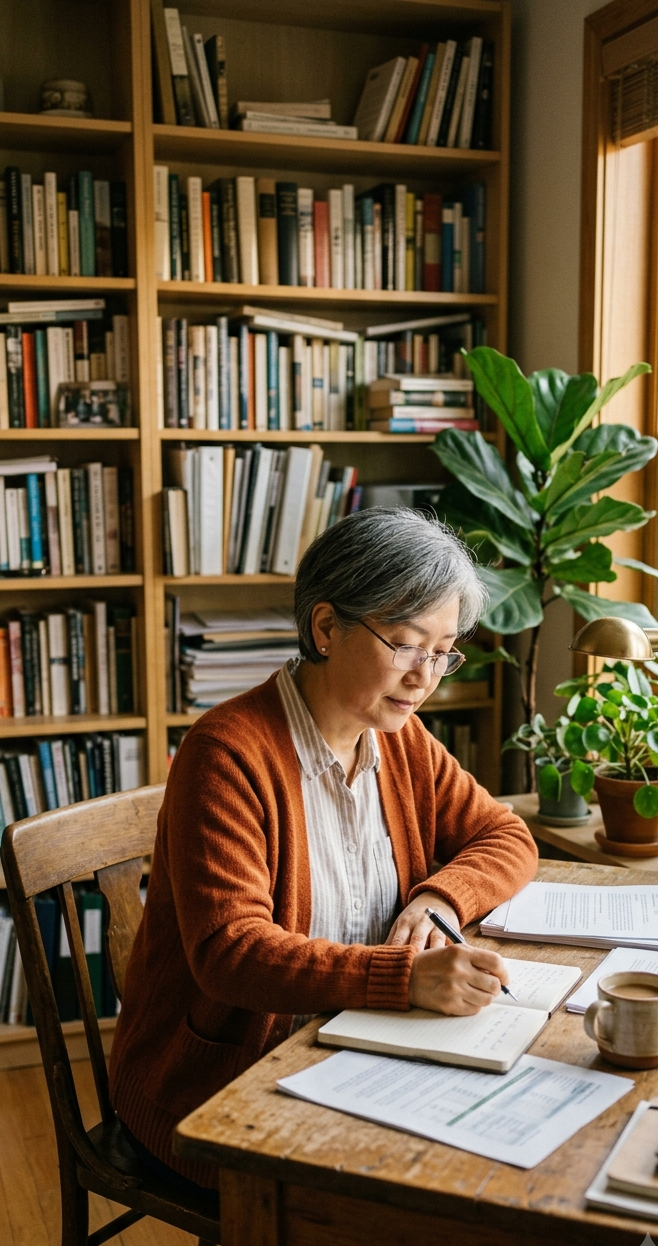 신중년 여성이 서재에서 성년후견 준비 서류를 메모하는 모습