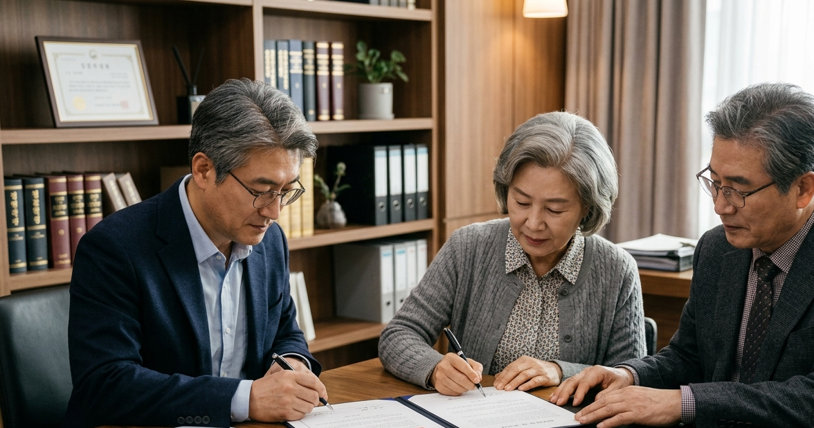 신중년 자녀와 고령 부모가 법률사무소에서 임의후견계약 서류에 서명하는 모습