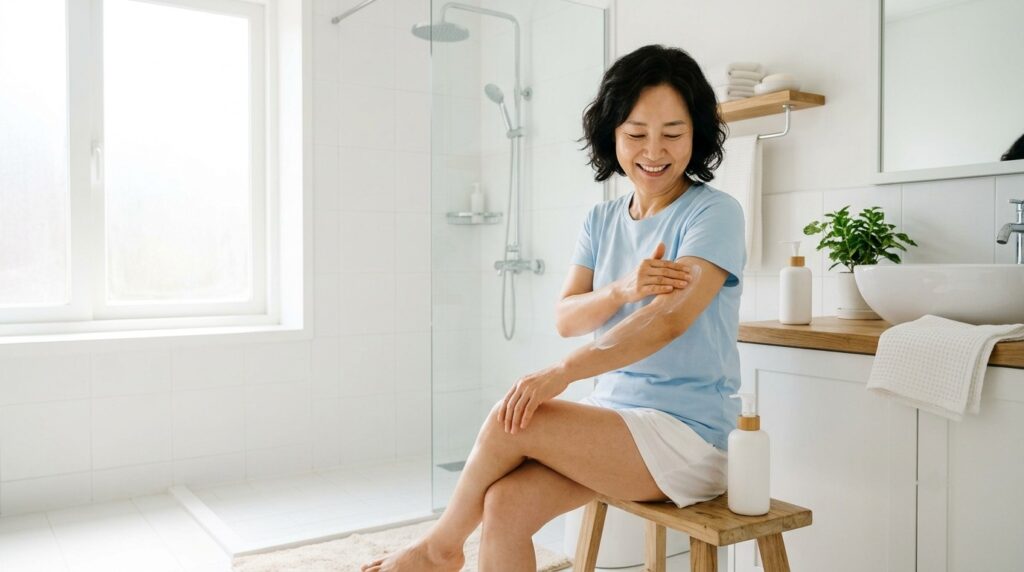 갱년기 피부 건조를 막기 위해 샤워 후 욕실에서 팔에 바디로션을 바르는 50대 한국인 여성