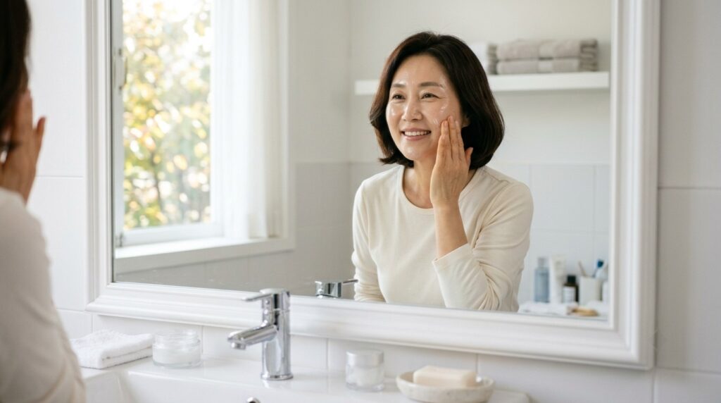 갱년기 피부 관리를 위해 세안 후 거울 앞에서 수분 크림을 바르는 50대 한국인 여성