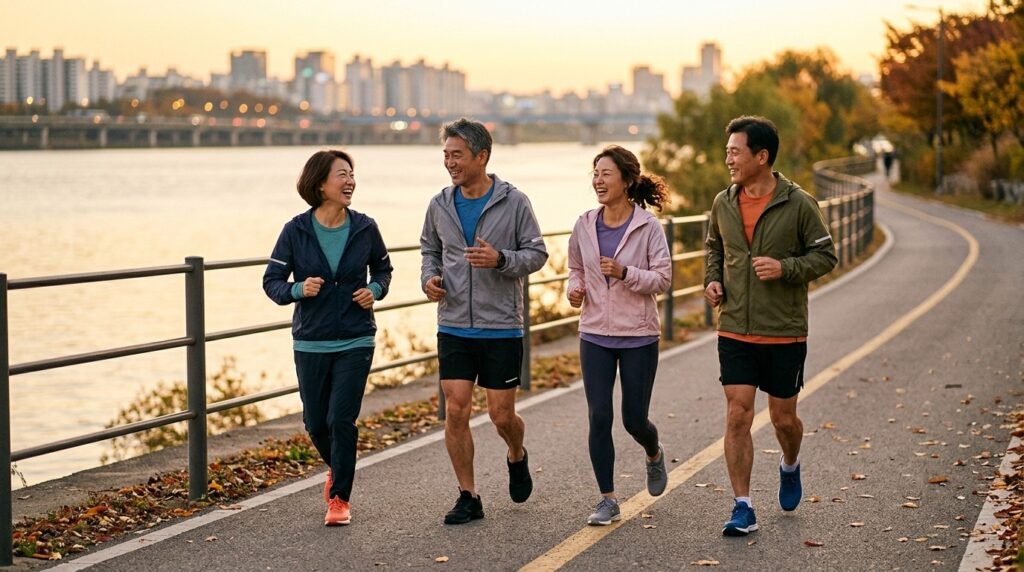 중년 러닝 크루에 참여한 4050 한국인 남녀가 저녁 강변 산책로에서 함께 달리며 웃는 모습