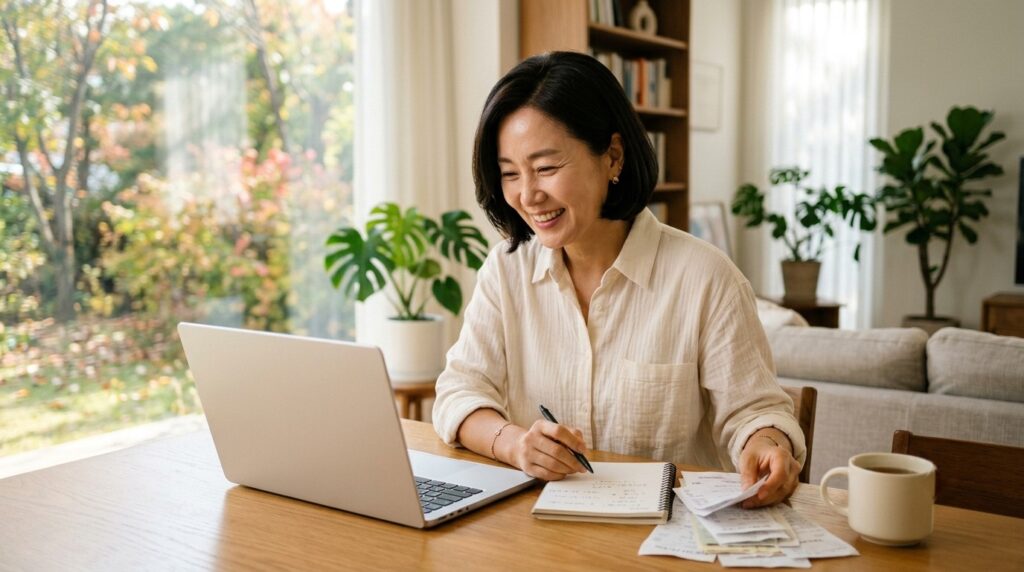 N잡 세금을 정리하기 위해 거실 테이블에서 노트북과 영수증으로 부업 소득을 계산하는 40대 후반 한국인 여성