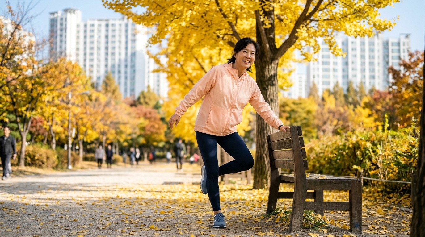 골다공증 예방과 낙상 예방을 위해 가을 공원에서 한 발 서기 균형 운동을 하는 50대 여성