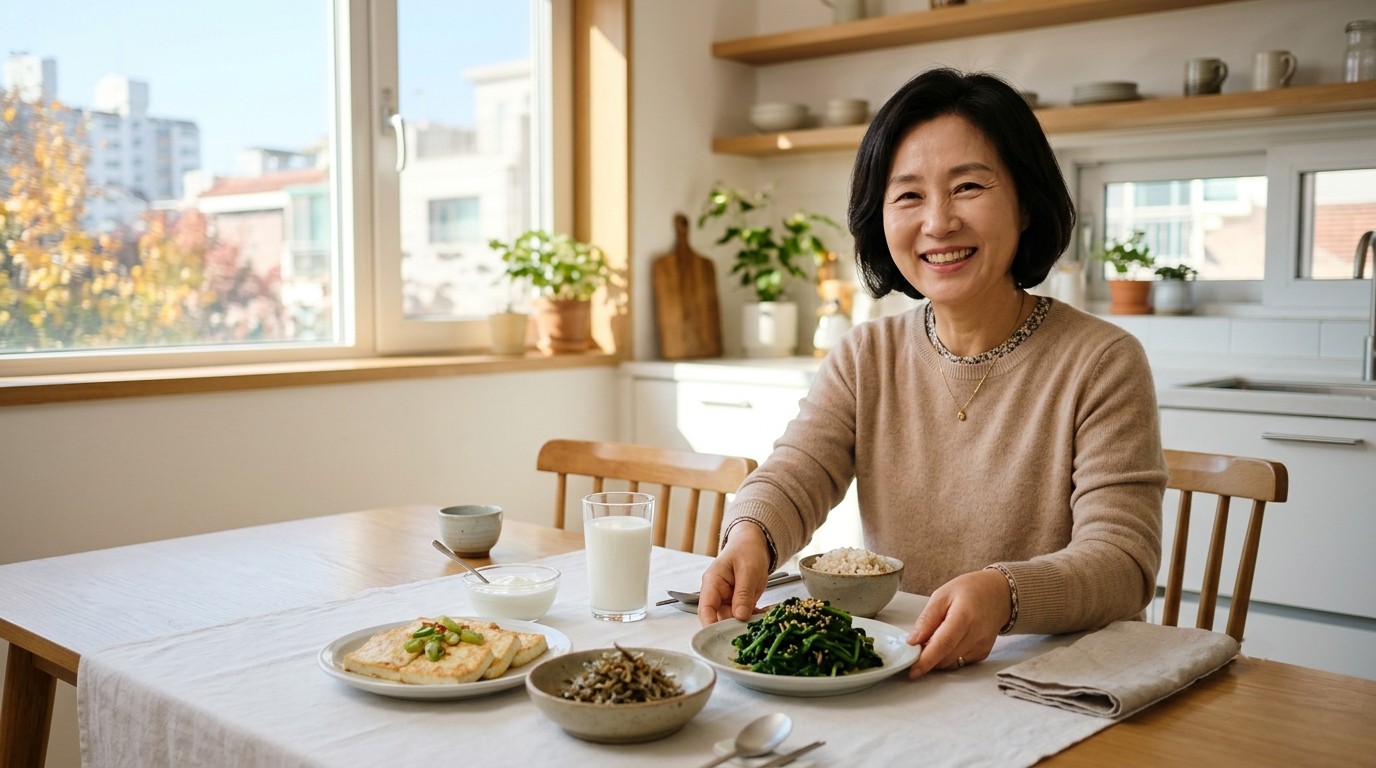 골다공증 예방을 위해 두부·멸치·요구르트·우유로 아침 식탁을 차린 50대 여성
