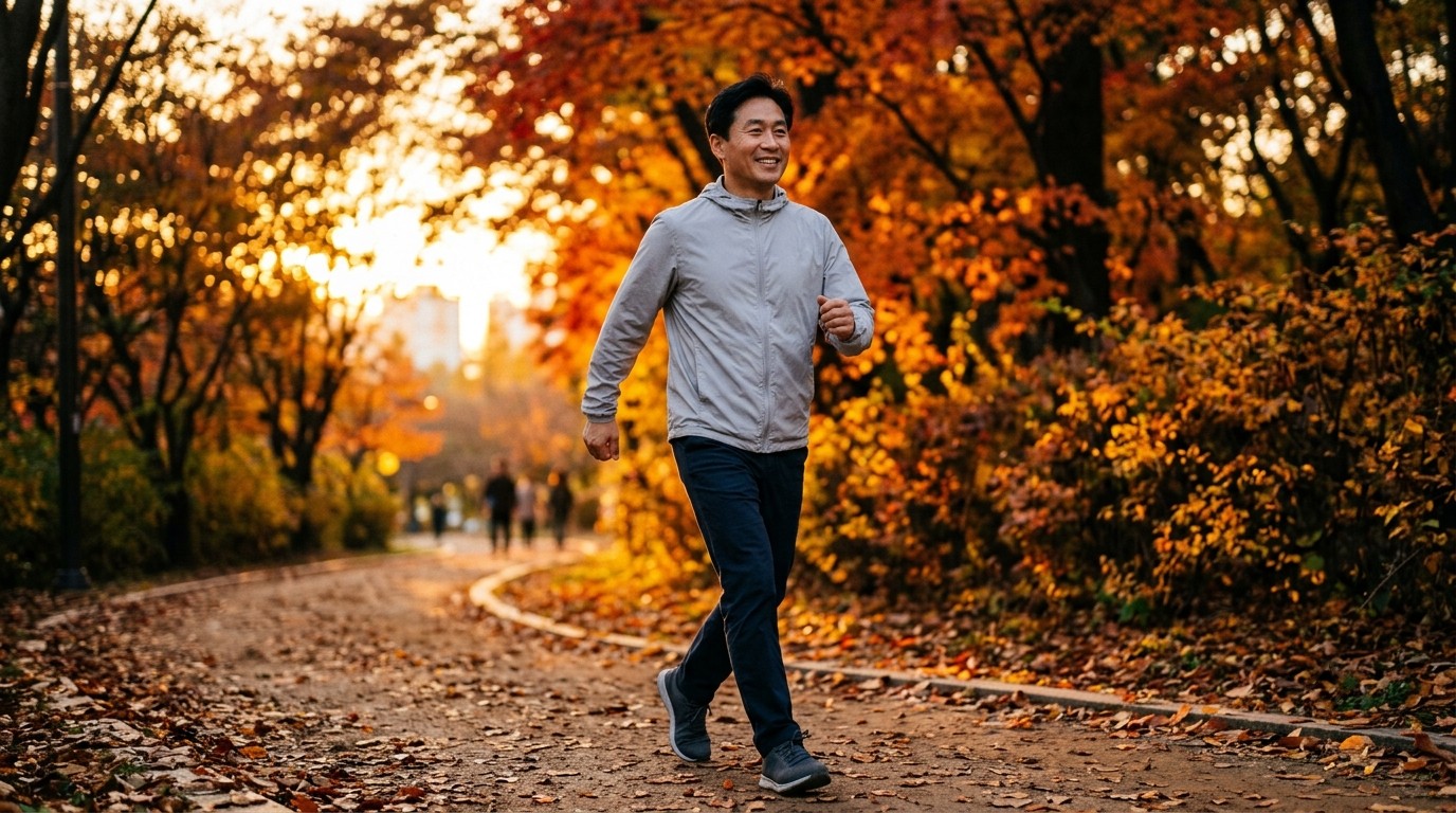 당뇨 전단계 관리를 위해 저녁 식사 후 공원을 빠르게 걷는 50대 남성