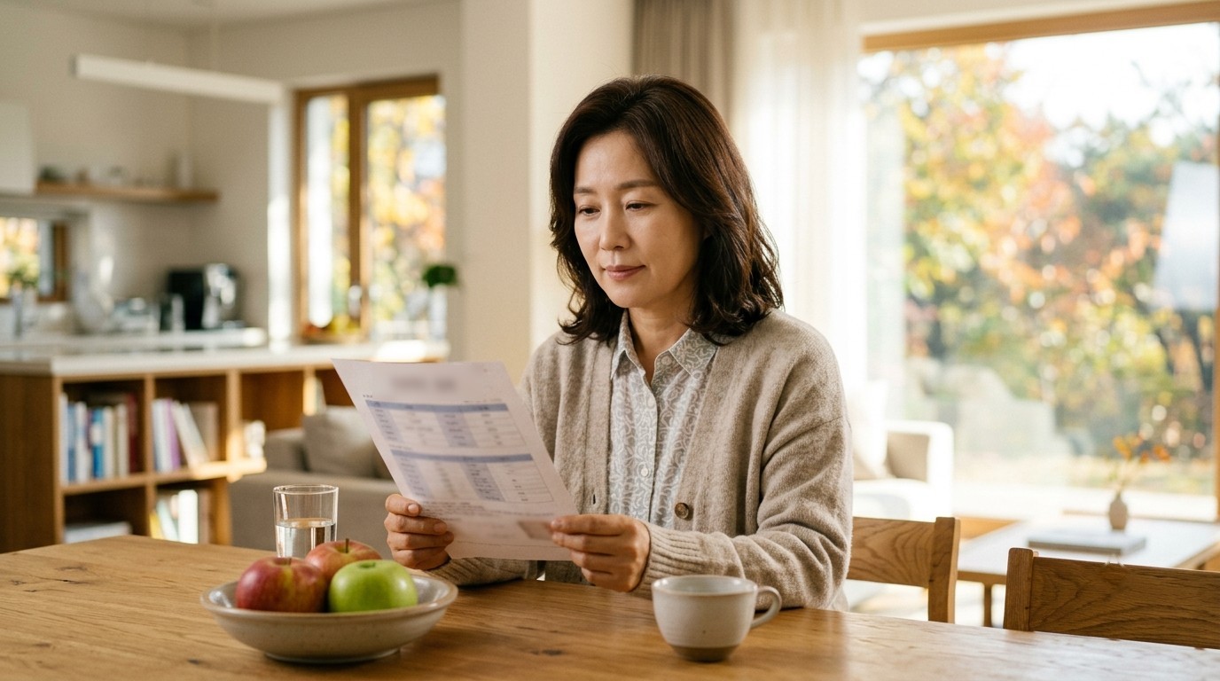 당뇨 전단계 확인을 위해 건강검진 결과지를 살펴보는 40대 후반 여성