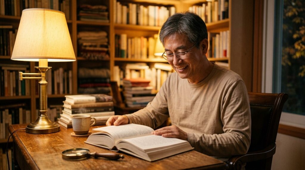 노안 독서를 위해 스탠드 조명 아래에서 큰 글자 책을 읽는 60대 초반 한국인 남성
