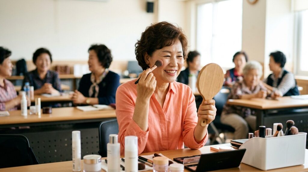 시니어 화장요법 수업에서 손거울을 들고 메이크업 브러시로 스스로 화장하는 60대 한국인 여성